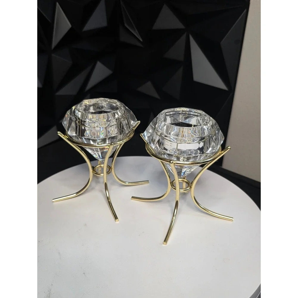 Diamond Shaped Crystal Glass Votive Candle Holders Gold Metal Stands Set of 2